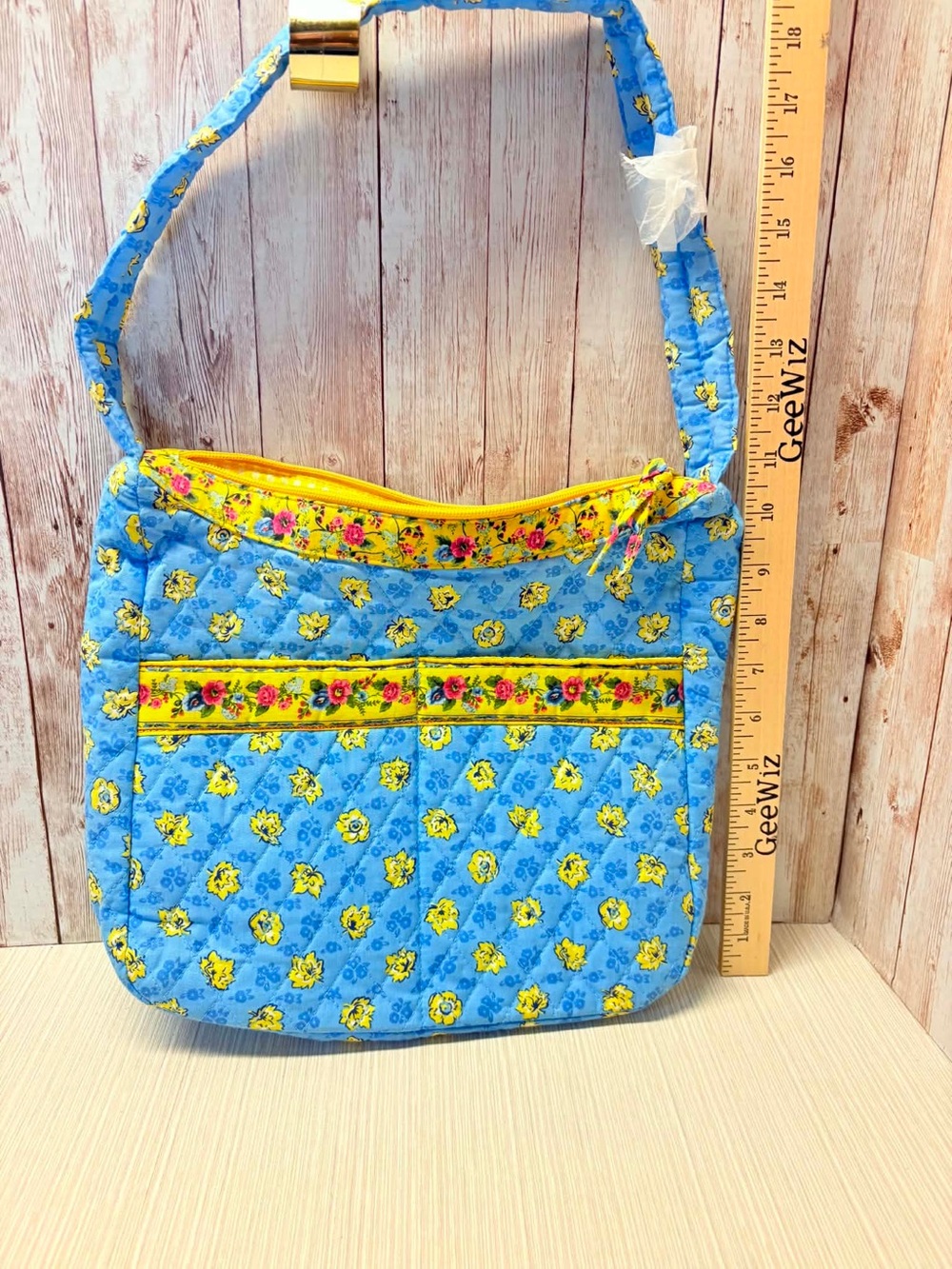 New Quilted Floral Shoulder Bag Blue with Yellow Trim